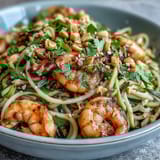 A steaming Asian Noodle Bowl features plump shrimp, crisp zucchini, and carrots tossed in a glossy savory sauce.