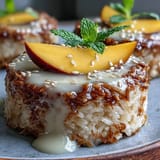 2. Individual servings of sweet sticky rice drizzled with coconut sauce and garnished with fresh mango, sesame seeds, and mint.