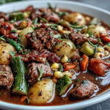 Classic Kentucky Derby Burgoo Stew served in a rustic pot, showcasing savory meats and vibrant corn, beans, and peppers.  