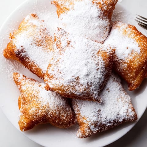 Freshly fried beignets—square, fluffy pastries—drizzled in a cloud of confectioners' sugar.