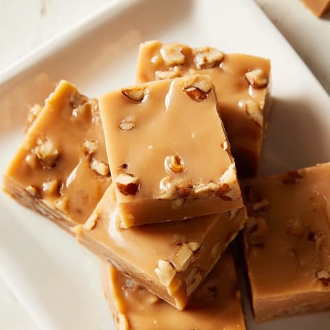Homemade Penuche Fudge squares ready to be served, a classic American dessert for any occasion.