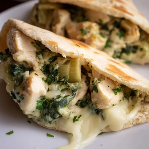 Golden-baked Spinach Artichoke Chicken Stuffed Pita filled with creamy spinach, artichokes, and tender chicken breast.