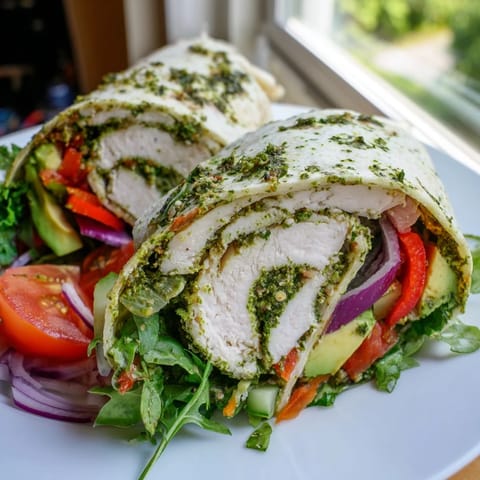 Bright herbaceous chimichurri sauce coats grilled chicken in this fresh salad wrap with cucumber, tomato, and crisp lettuce inside a warm tortilla.