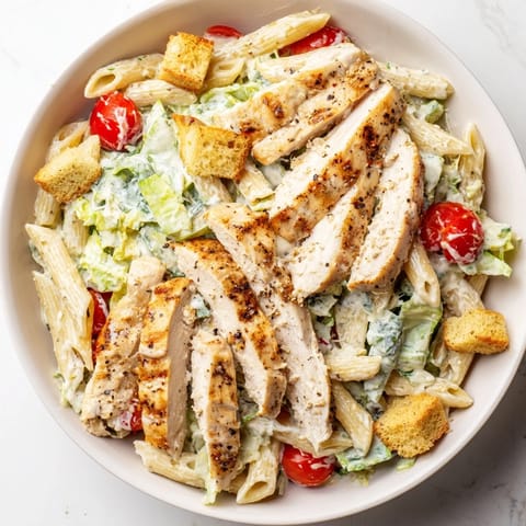 A warm Caesar pasta chicken bowl showcases al dente penne tossed in creamy dressing with ripe cherry tomatoes.