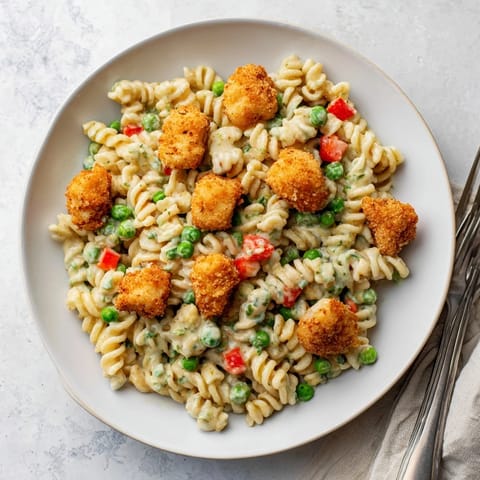 A close-up shot shows the Crispy Chicken Ranch Pasta Salad, highlighting the crunchy chicken pieces, vibrant green peas, and fresh green onions coated in a rich, homemade ranch dressing.