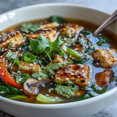 A warm bowl of Tofu and Vegetable Soup garnished with fresh cilantro and sesame seeds, perfect for a light dinner.  