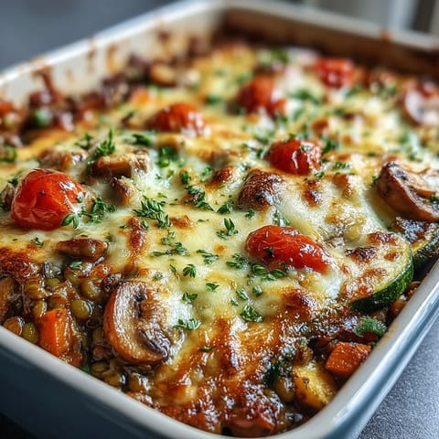 A close-up of a baked Green Lentil and Vegetable Casserole in a ceramic dish, topped with melted cheese and fresh parsley garnish.