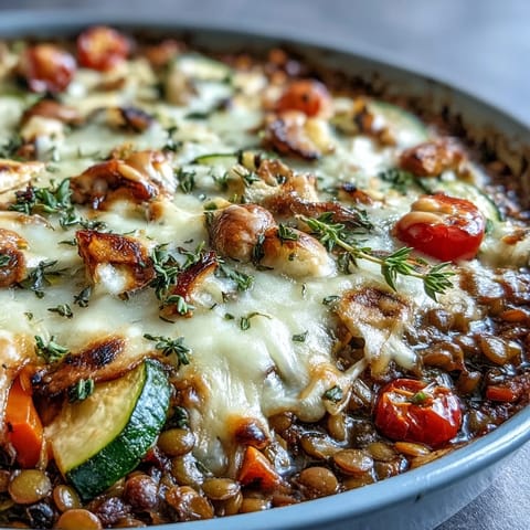This hearty Green Lentil and Vegetable Casserole features a spoonful lifted from the golden, bubbling top revealing lentils and colorful vegetables.