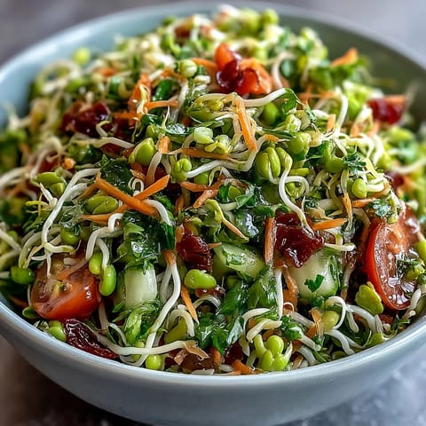 Healthy bowl of Sprouted Seed Salad featuring crisp sprouts, cucumber, and bell pepper, ready to serve as a refreshing vegan side dish.
