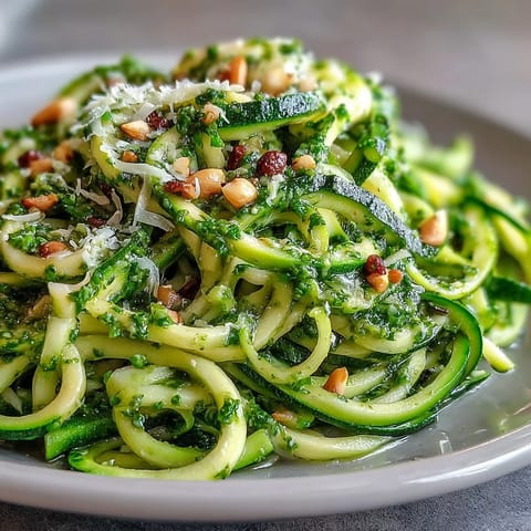 Vibrant green zucchini noodles swirl in a skillet with fragrant homemade basil pesto, ready to serve.