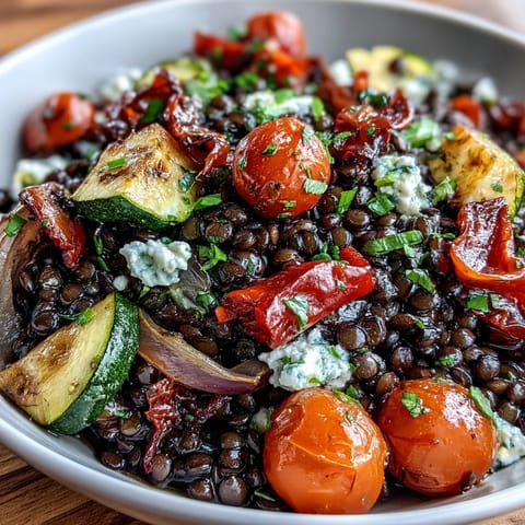 Vibrant Black Lentil Salad with Roasted Vegetables in a rustic bowl, featuring caramelized peppers and zucchini.