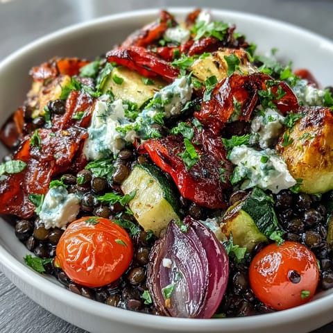 Fork-ready Black Lentil Salad with Roasted Vegetables topped with parsley and optional crumbled feta cheese.