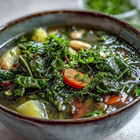 Rustic Kale Soup simmering with root vegetables, ready to serve alongside crusty gluten-free bread for a cozy meal.