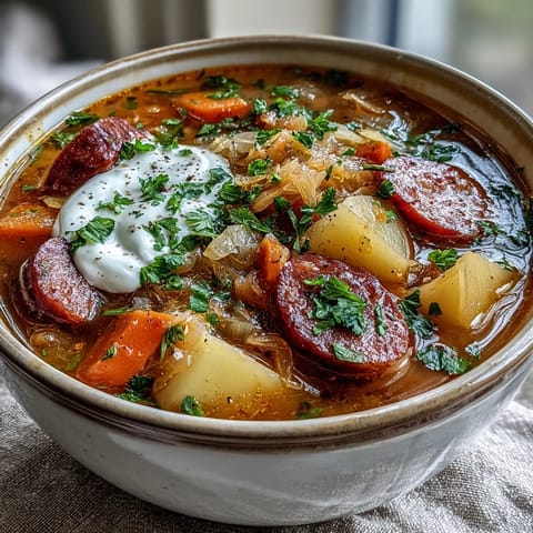 A hearty pot of Sauerkraut Soup simmers with tender potatoes, carrots, and smoky kielbasa, filling the kitchen with a comforting aroma.