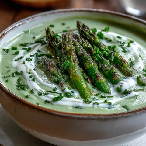 A creamy bowl of homemade Asparagus Soup garnished with tender tips and fresh chives.