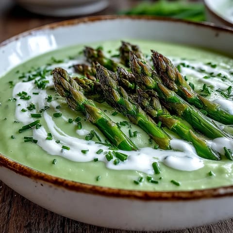 Bright green Asparagus Soup in a white bowl, paired with crusty artisan bread on the side.