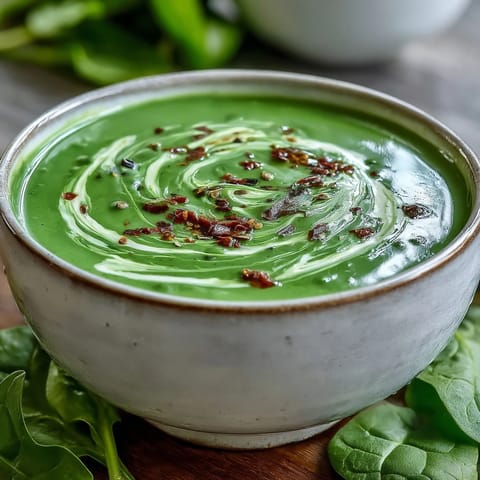 Freshly ground black pepper garnish on a warm bowl of spinach soup.