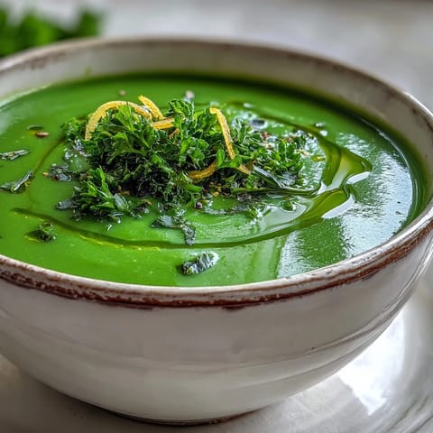 Creamy Zucchini Soup in a white bowl, garnished with fresh basil and a drizzle of olive oil.  