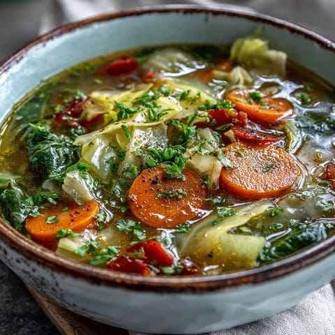Freshly ladled Cabbage Soup served in a rustic bowl, garnished with vibrant chopped parsley and a lemon wedge for a bright, zesty finish.