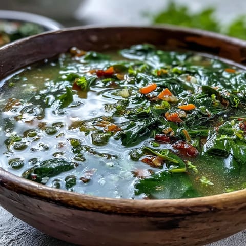 Freshly prepared Swiss Chard Soup with tender greens and carrots in a light broth.