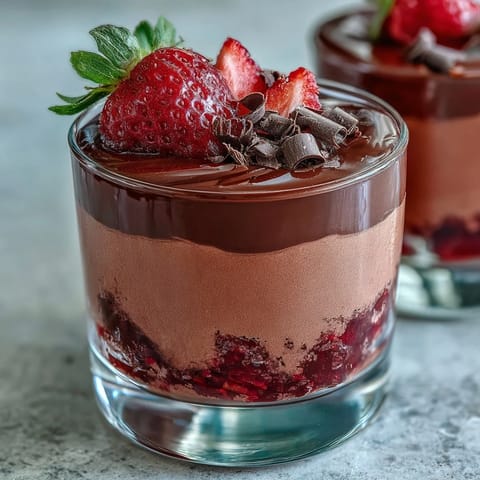 A spoon is about to dig into creamy Chocolate-Covered Strawberry Mousse, revealing airy pink mousse and glossy chocolate layers.