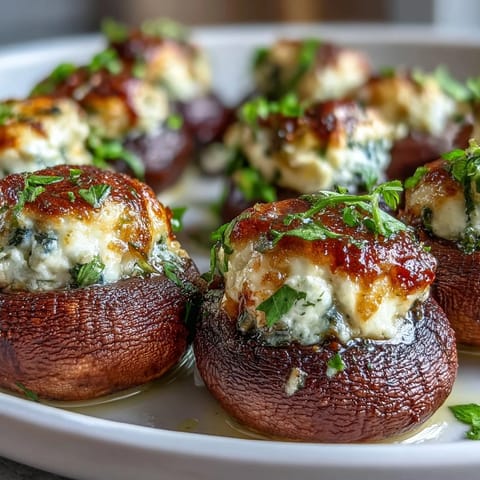 Fresh basil and savory Asiago cheese fill these easy Stuffed Asiago-Basil Mushrooms, perfect for a party appetizer platter.