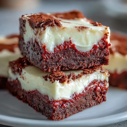 Freshly cut squares of Red Velvet Cheesecake Brownies reveal a vivid red crumb and creamy white swirl.