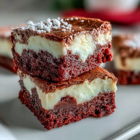 Fudgy Red Velvet Cheesecake Brownies topped with white chocolate shavings on a rustic wooden serving board.