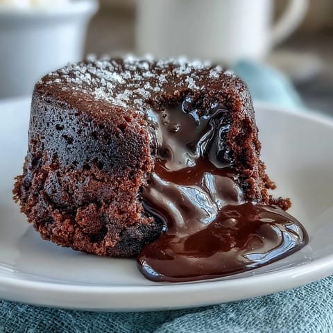 Chocolate Lava Cakes with espresso rest on a marble counter near coffee beans and a cup of espresso.
