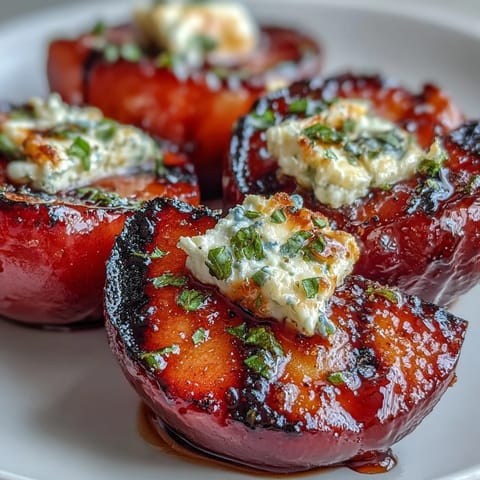 Freshly grilled plums with grill marks topped with creamy goat cheese, drizzled with sticky balsamic glaze and fresh mint.