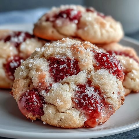 Soft Chewy Raspberry Sugar Cookies with crackled, sparkly sugar crust on a wooden board, revealing chewy berry centers.