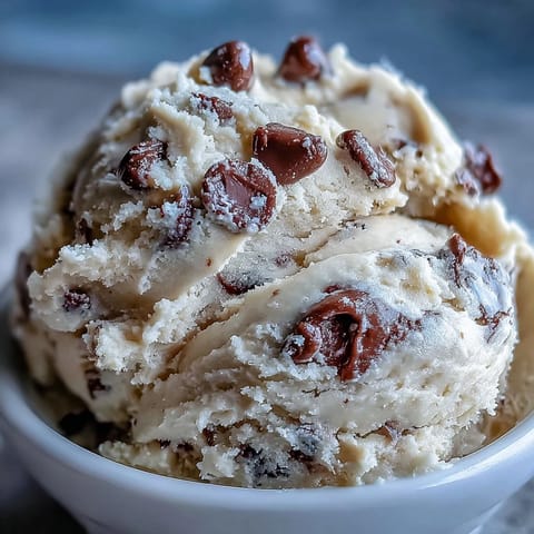 A chilled bowl of Greek Yogurt Cookie Dough is topped with extra chocolate chips, perfect for a spoon-ready dessert.