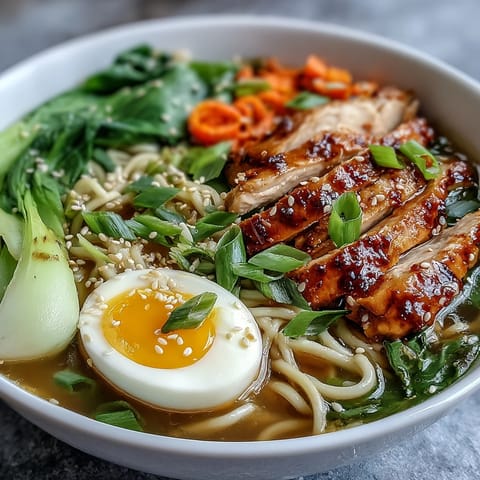 Healthy Miso Chicken Noodle Bowls topped with soft-boiled eggs, crisp bok choy, and sesame seeds for a comforting meal.
