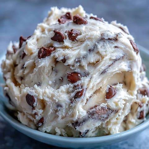 Fresh scoops of Greek Yogurt Cookie Dough are ready to enjoy, featuring creamy butter and sweet mini chocolate chips.