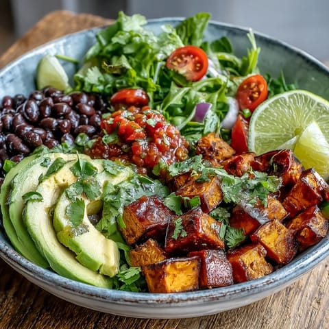 Roasted sweet potatoes and black beans topped with fresh salsa and creamy avocado in a vibrant bowl.