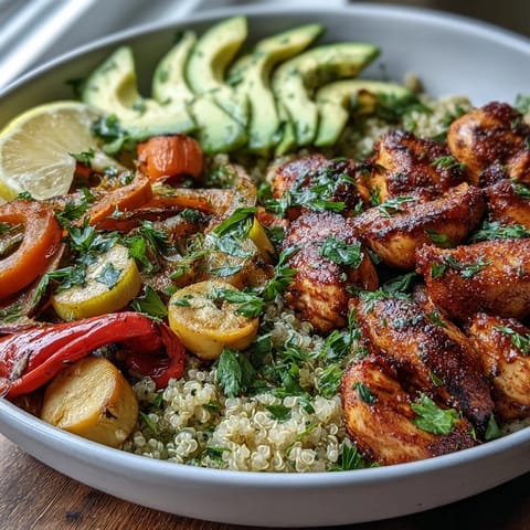 Golden pan-fried chicken and smoky paprika roasted veggies over fluffy quinoa in a bowl.