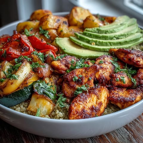 A fresh lemon salad and creamy avocado slices top this colorful Paprika Roasted Vegetable Quinoa Bowl.