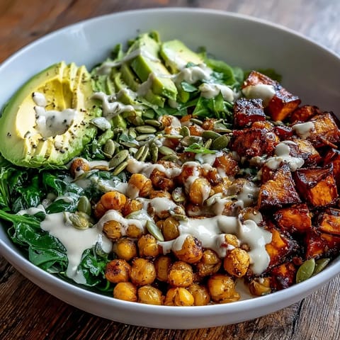 Roasted Sweet Potato and Chickpea Bowl topped with creamy avocado and pumpkin seeds.