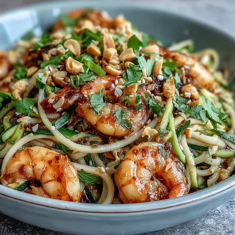 A steaming Asian Noodle Bowl features plump shrimp, crisp zucchini, and carrots tossed in a glossy savory sauce.