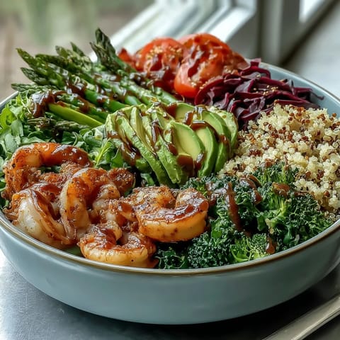 A top-down view of a Rainbow Vegetable Detox Bowl with sautéed shrimp, fluffy quinoa, and vibrant broccoli, asparagus, red cabbage, tomato, and avocado, all drizzled with tangy balsamic dressing.