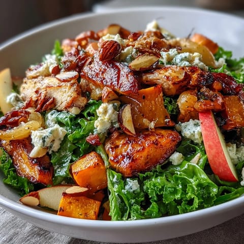 Fall Sweet Potato Harvest Bowl with roasted chicken, caramelized sweet potatoes, crisp apples, kale, goat cheese, almonds, and balsamic vinaigrette in a nourishing autumn meal.