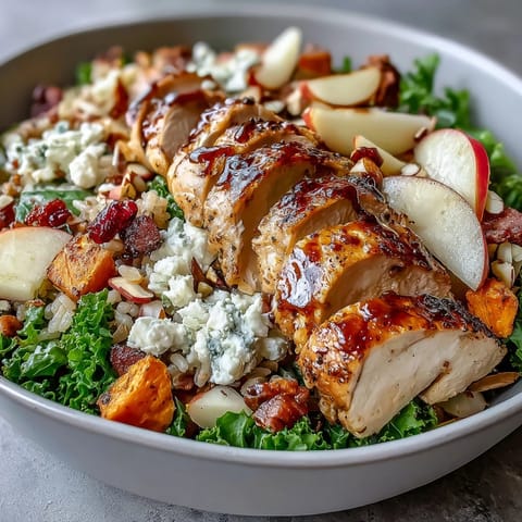 Wholesome harvest bowl featuring wild rice, tender chicken, roasted sweet potatoes, crisp apples, and creamy goat cheese with crunchy almonds.  