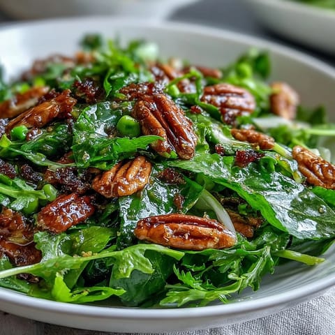 Crisp spring green salad with honey mustard dressing, topped with toasted almonds and fresh herbs. A refreshing, colorful dish perfect for light lunches.