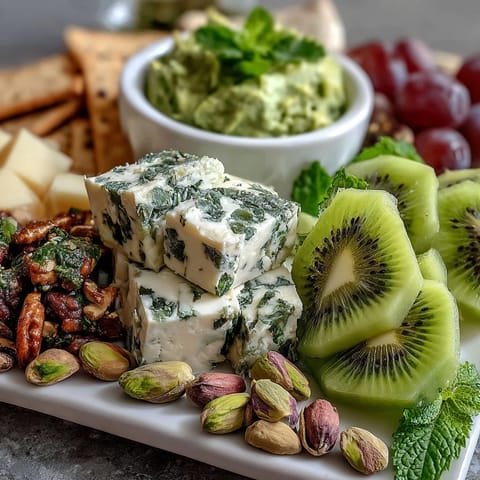 Vibrant St. Patricks Day green food board with fresh fruits, vegetables, cheeses, and festive snacks arranged for sharing.  