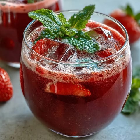 Refreshing strawberry lemon sparkling mocktail with vibrant red fruit and citrus garnish in chilled glasses.  