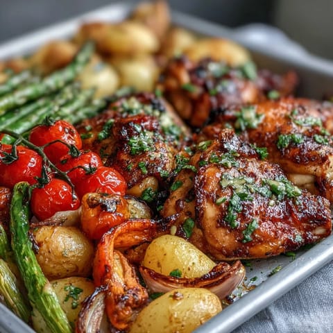 A colorful sheet pan dinner with juicy chicken and vibrant spring vegetables roasted to perfection.  