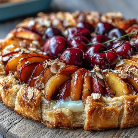 1. A rustic Summer Stone Fruit Galette with Frangipane, showcasing golden, flaky pastry wrapped around juicy peaches, plums, and cherries.  