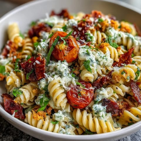 Colorful Easy Taco Pasta Salad with cherry tomatoes, black beans, corn, and avocado, tossed in creamy taco dressing for a zesty potluck favorite.  