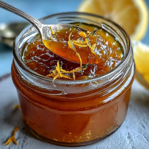 A golden jar of dandelion jelly with fresh lemon and honey, perfect for spreading on warm toast or biscuits.