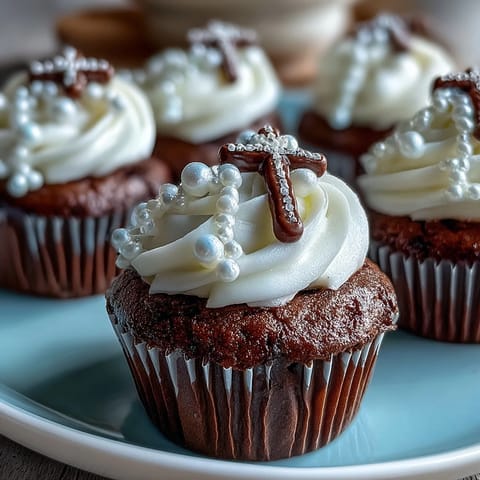 Mini First Communion cupcakes with fondant rosary toppers, delicately piped with buttercream and adorned with edible silver pearls.